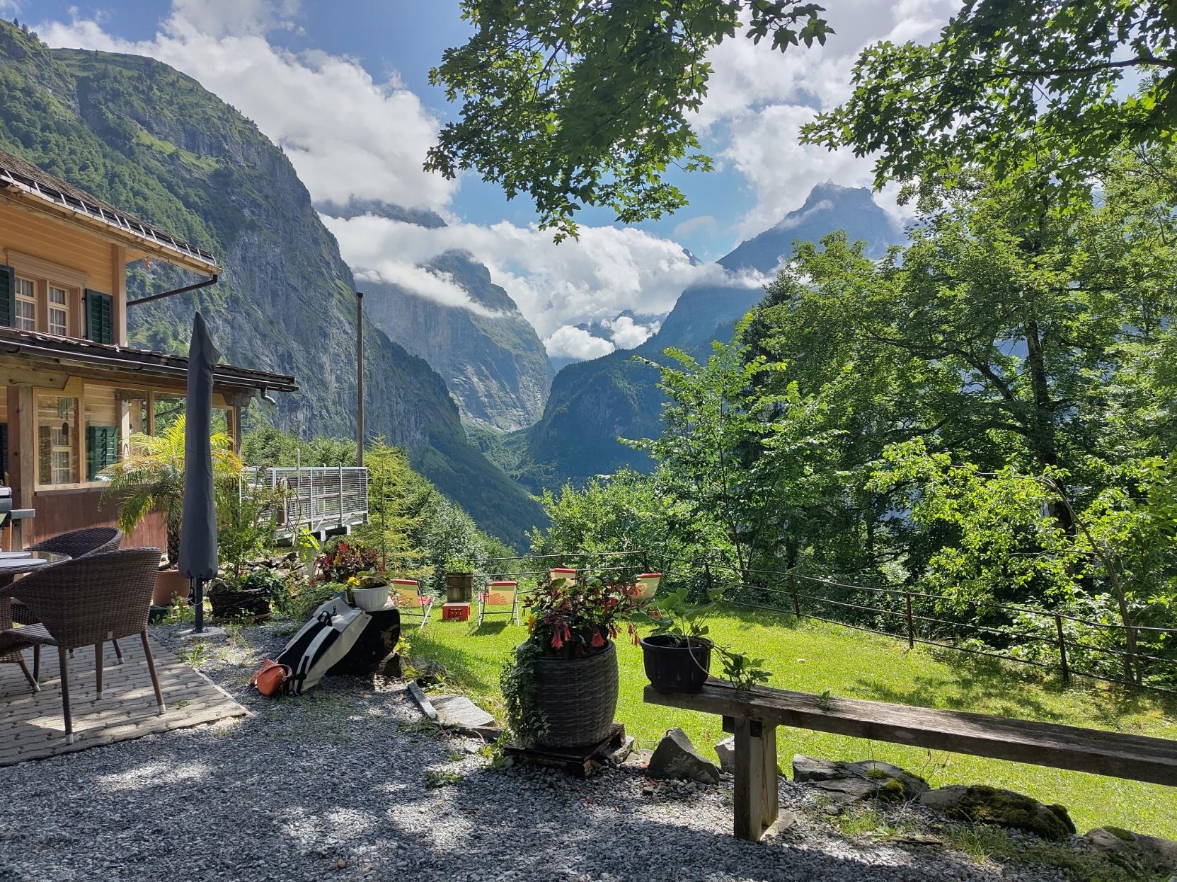 Terrace at the cozy mountain lodge. Mountain views of course