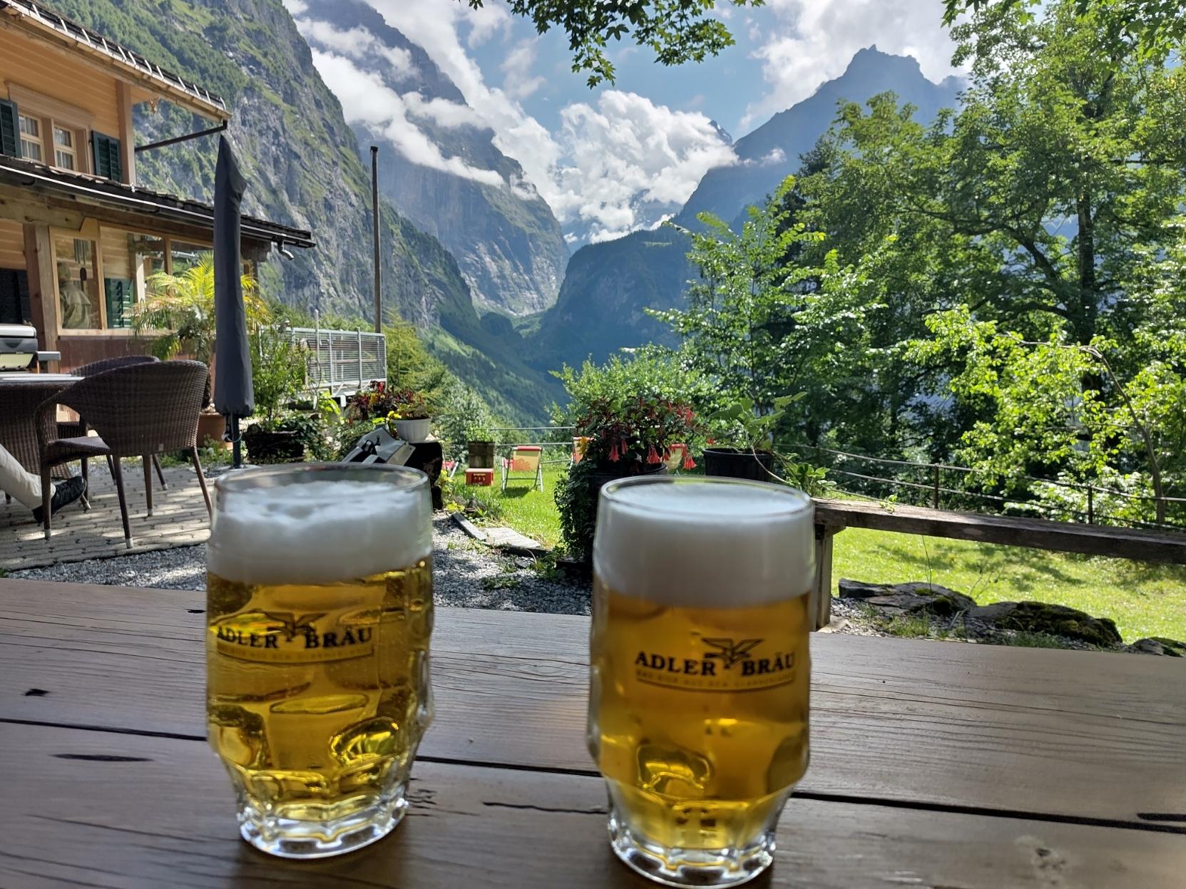 Two large beers on a table.