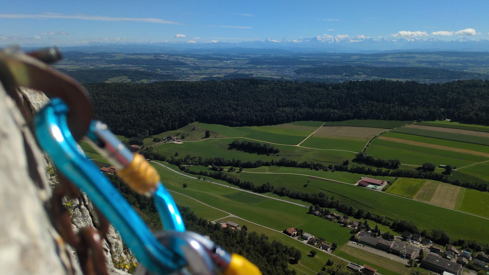 A blue carabinier on a stand. In the background a green landscape with small hills. In the background the high mountains of the Bernese Alps.