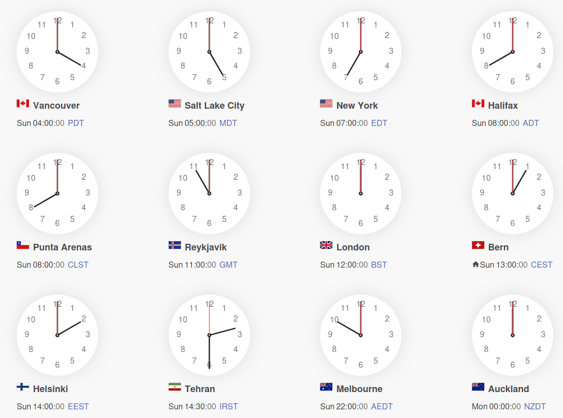 World clock with start time of maintenance window (13:00 CEST):
Vancouver, Salt Lake City, New York, Halifax, Punta Arenas, London, Reykjavik, Bern, Helsinki, Tehran, Melbourne, Auckland.