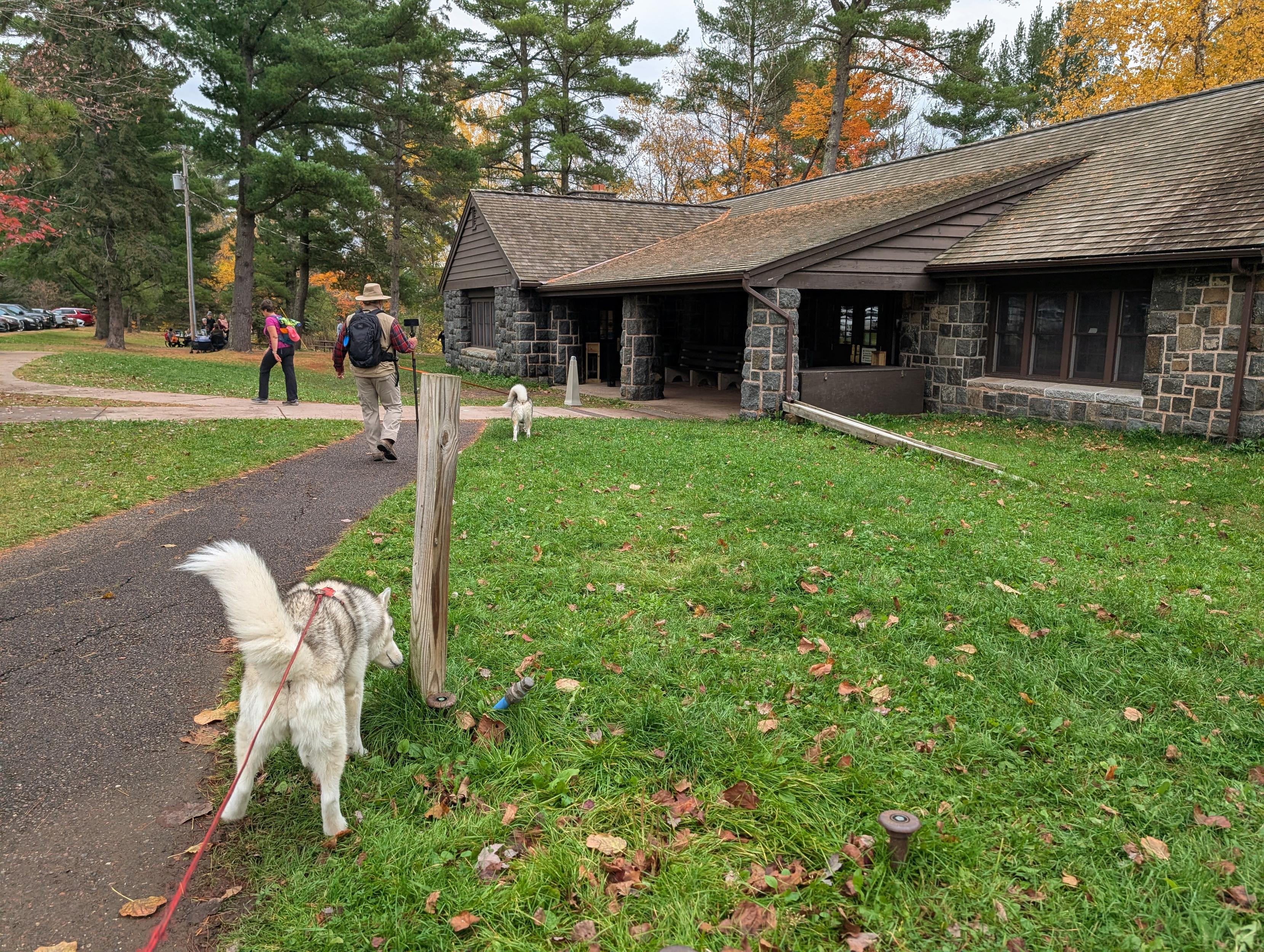 Starting out our hike, we pass the stone building at the trailhead that houses a nature center, picnic benches and bathrooms. It's made of very dark square blocks of hard granite-like rock of varying size, puzzle-pieced together with contrasting white mortar. Beyond, green pines contrast with yellow and orange deciduous trees in autumn colors, and the edge of a very busy parking lot to the left. Hiker Jeff and husky Tonttu lead the photographer down a paved trail, while husky Zeena sniffs a wooden post to the side.