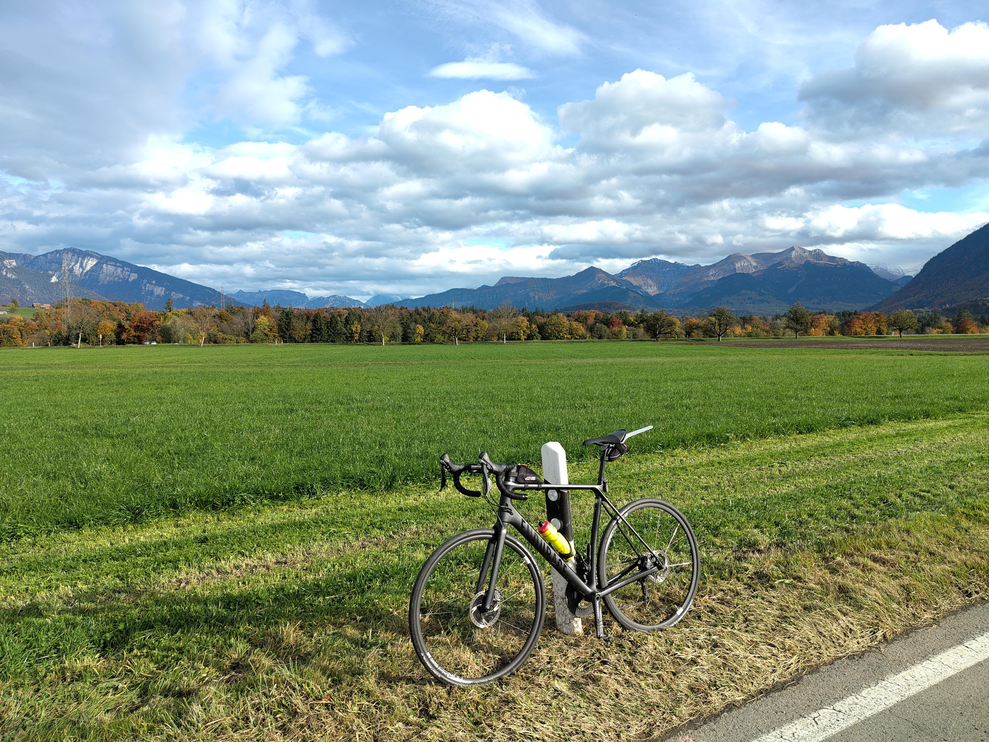 My humble bike before a grass field and mountains.