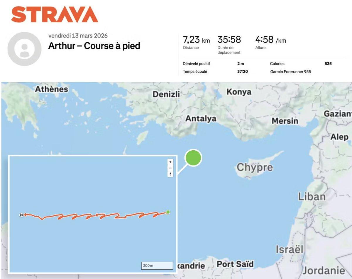 Screenshot of Strava showing a squiggly line that shows about 8 laps back and forth across the deck of a presumably large, wide vessel with an open flat deck like an aircraft carrier.