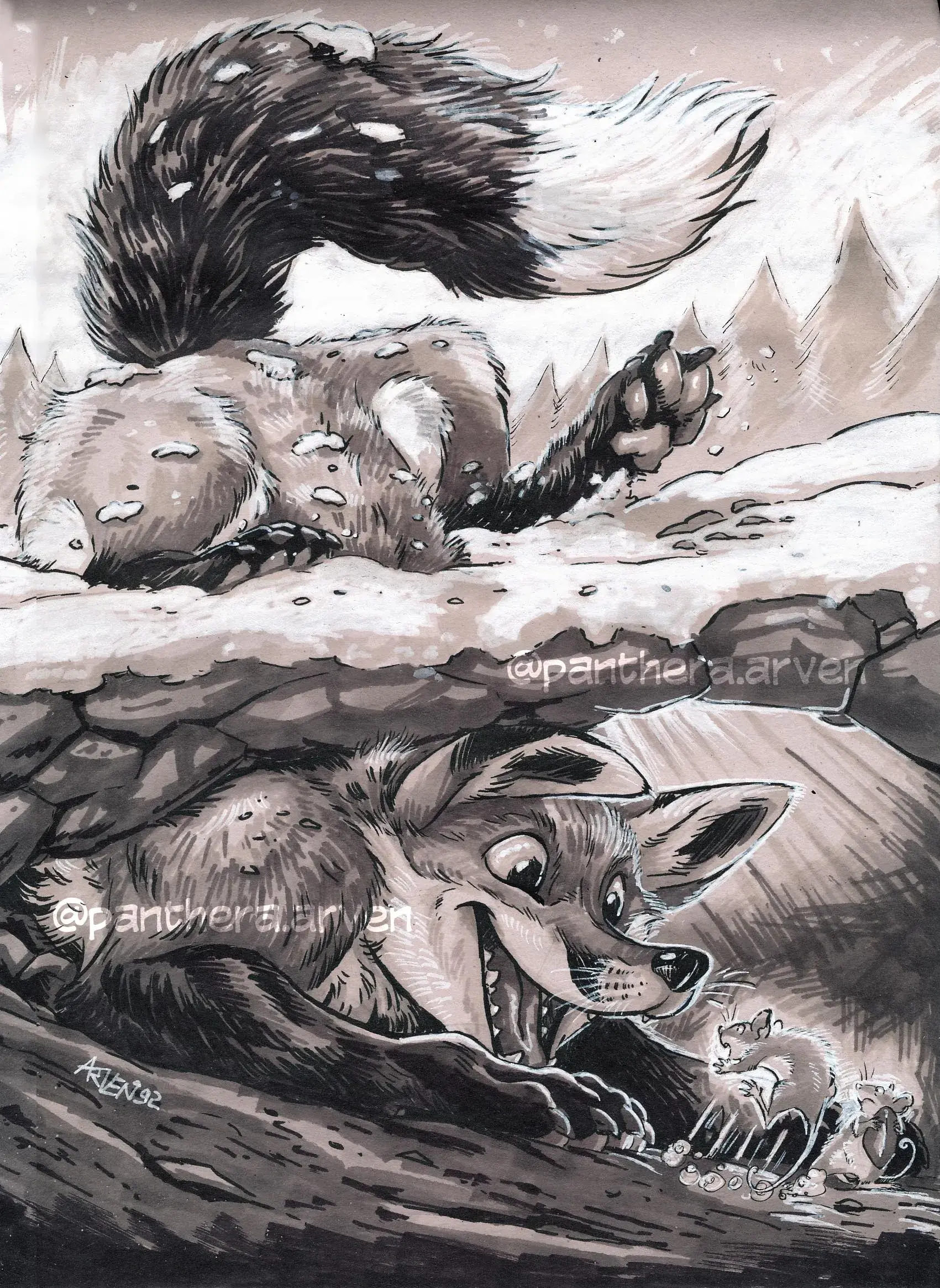 A black and white drawing of a somewhat cartoonish fox pouncing in the snow, showing both the above surface where just their hind end and tail are visible, and under the surface, where their happy face greets a startled rodent who just got the surprise of their life.